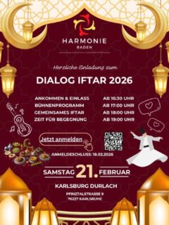 Wir laden euch herzlich zu einem besonderen Abend der Begegnung ein.
Lasst uns am 21. Februar in Karlsburg Durlach gemeinsam das Fasten brechen, ein inspirierendes Bühnenprogramm erleben und wertvolle Gespräche führen.Wir freuen uns auf euch!#karlsruhe #dialog #i̇ftar